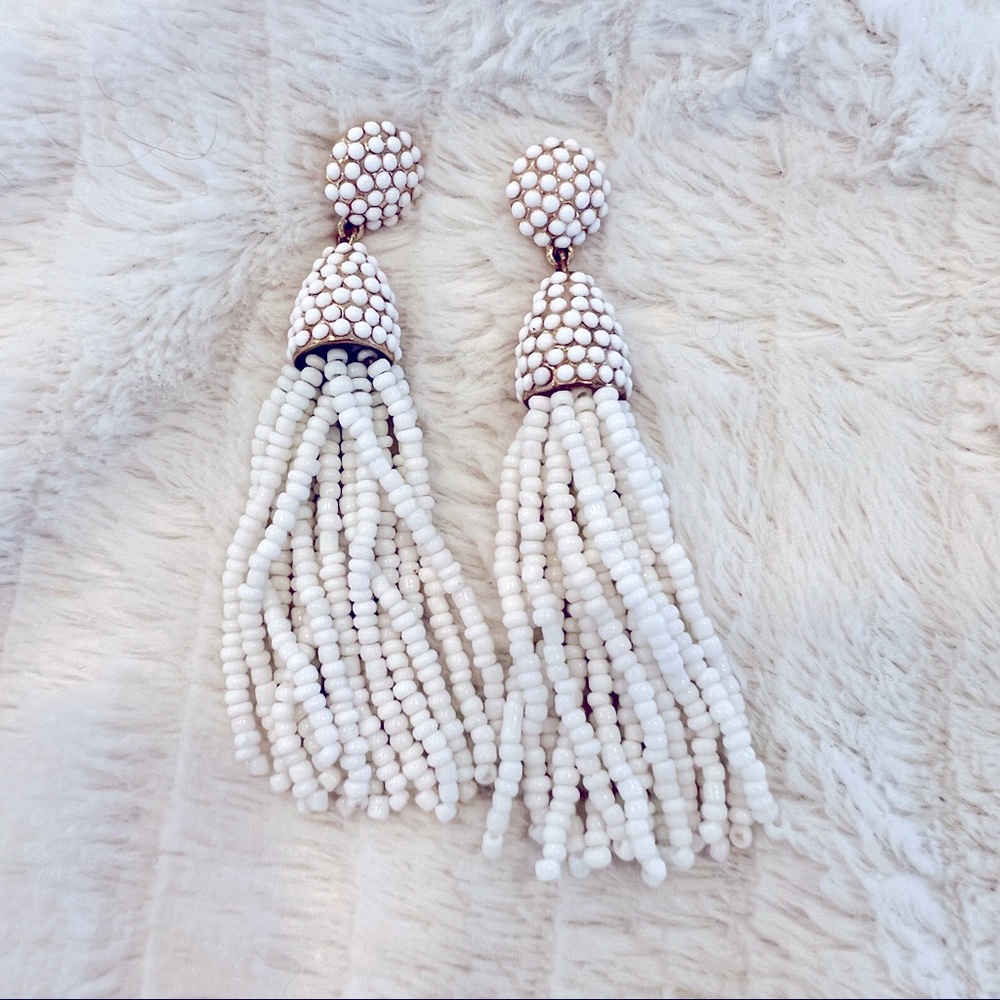 White and gold beaded tassel baublebar earrings